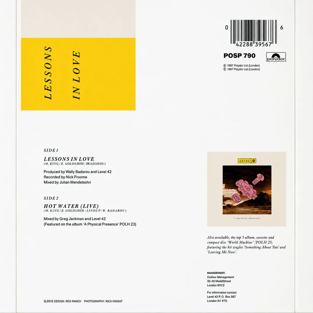 Level 42 - Lessons In Love - UK 7'' Cover - Back