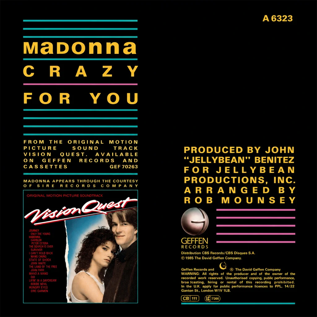 Madonna - Crazy For You - UK 7'' Cover - Back